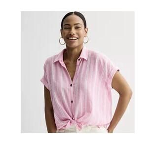 Sonoma Linen Button Down Shirt Top Womens 3X Pink White Cap Sleeve Stripes